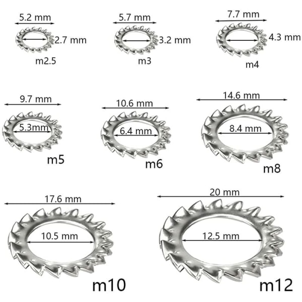 Tandlåseskiver 300 stk. Rustfri låseskive Tandskive Låseskiver Udvendige tandskive sortimentssæt (M2.5 M3 M4 M5 M6 M8 M10 M12)