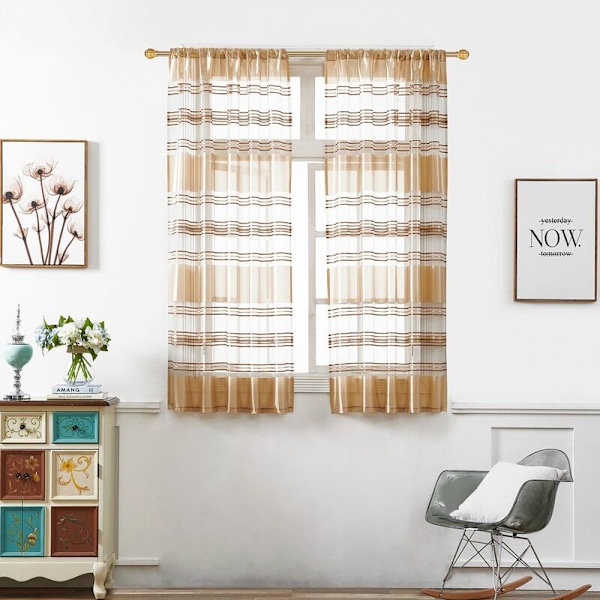Modern enkel horisontell randig silver gasväv dörr fönster gardin panel - Kaffe färg
