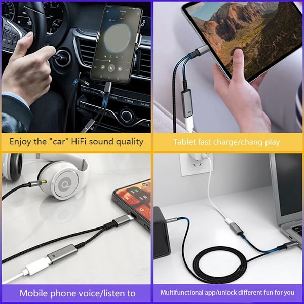 Type C til 3,5 mm lydadapterkabel Bil HiFi lydadapter AUX digital dekoder hodetelefonkontakt adapter