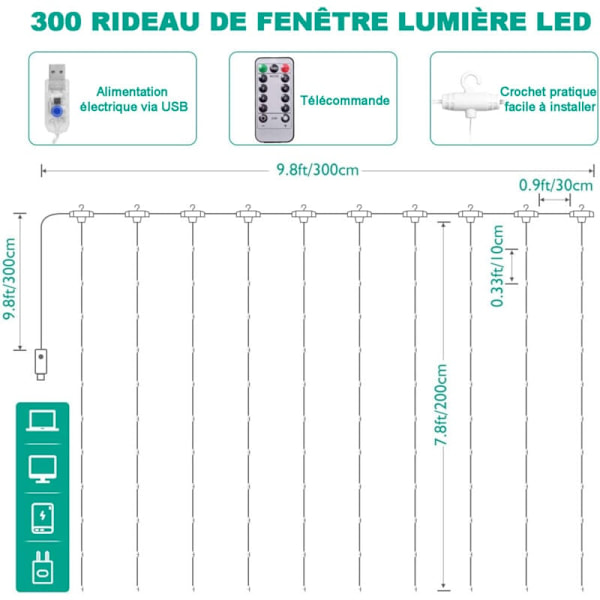 Lysgardiner, 3M3M LED-lysstreng, 8 varme hvite lysmoduser, vindusdekorasjon, jul, bryllup, bursdag, hjem, uteplass, LED-lysgardin