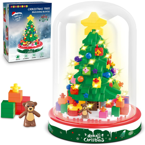 Juletræsbyggesæt med LED-lys - bittesmå minibyggeklodser, legetøj til juletræbyggeri, julepynt til bordplader (543 stykker)