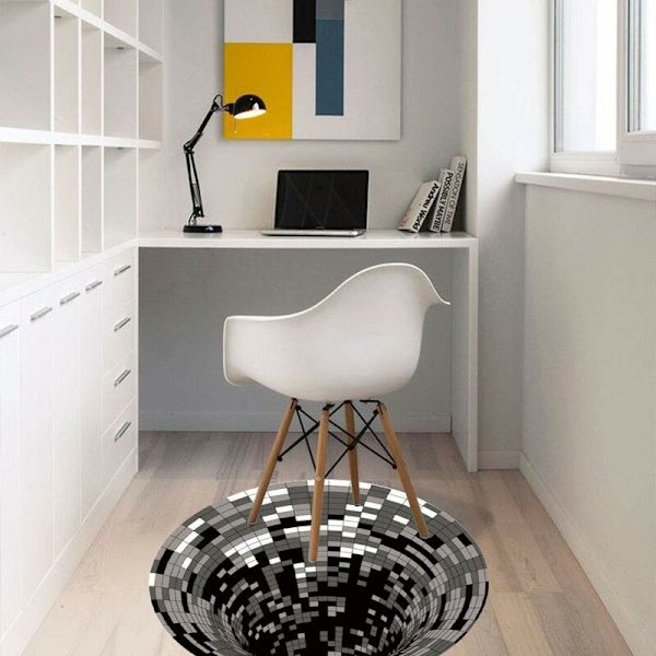 3D-illusionmatta 100 cm Rund Vortex 3D-virveltryck Optisk Illusion Halksäker Ovävd Svart och Vit Golvmatta för Matrum Hem Sovrum