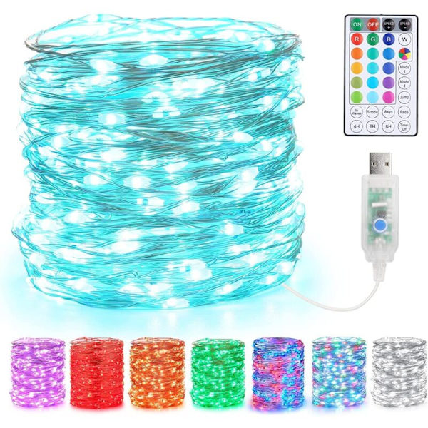 Farvede Julelys, 10m 100 LED USB 18 Farveskiftende Julelys Indendørs Sølv Julelys Fjernbetjening til Soveværelse Udendørs Juletræ