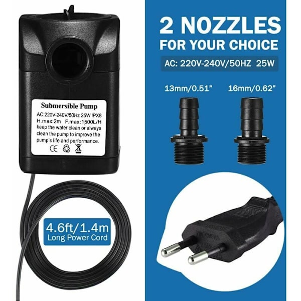 1500L/H nedsenkbar vannpumpe, 25W ultra stille akvariepumpe med 48 timer tørrforbrenning, fontenepumpe med 1,5 m strømkabel og 2 dyser, vannpumpe for
