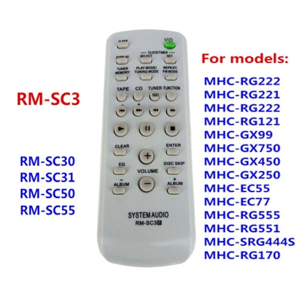 Til CD HIFI-lydsystem Fjernbetjening -SC3 -SC30 -SC50 -SC55 MHC-RG29 MHC-RG490S -EH10 -U1 -CPZ1