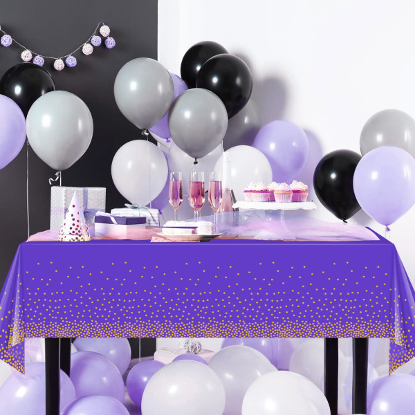 Paket med 12 lila engångsdukar för fester, lila och guldprickiga konfettidukar för rektangulära bord
