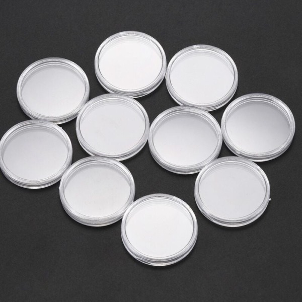 10 stk runde gjennomsiktige plastmyntbokser 30mm