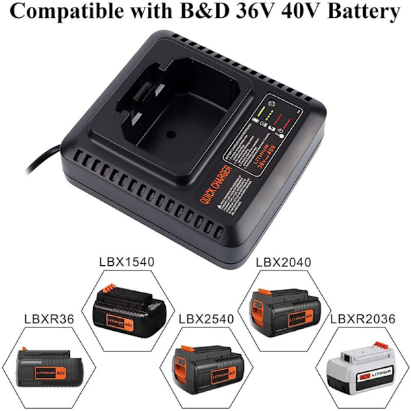 LCS36 LCS40 Batterilader til Black and Decke 36V 40V Max Lithium-Ion LBXR36 LBX36 LBXR2036 LBX1540, EU-stik