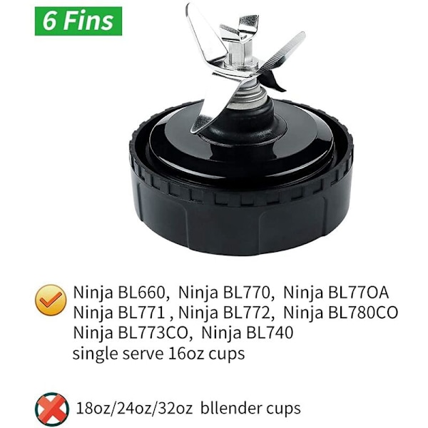 6-Fin Ekstraktorblad-erstatningsdeler for Ninja BL770 BL780 BL660 Blender, 16 Oz Enkelt-Serveringskoppsett