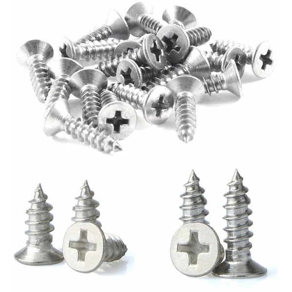 200 stk M4 Rustfritt Stål Selvskruende Skruer Phillips Flatt Hode Skruer DIY Tre Skruer (100 stk M4 x 10 mm, 100 stk M4 x 12 mm) -
