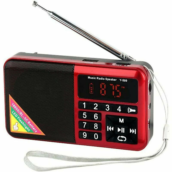 Mini Kannettava FM-Radio USB Micro-SD Ja Sisäänrakennettu MP3-Soitin, LED-Taskulamppu, Ladattava 1500 mAh (Punainen)