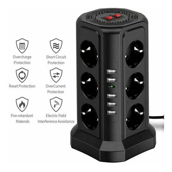Surge og overspenningsvern strømbryter tårn, elektrisk strømbryter med 5 USB-porter og 12 stikkontakter, strømbryter med 3 brytere, svart