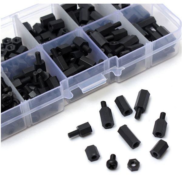 300 stk. M3 Sorte Nylon M-F Hex Skruemøtrik Assorteret