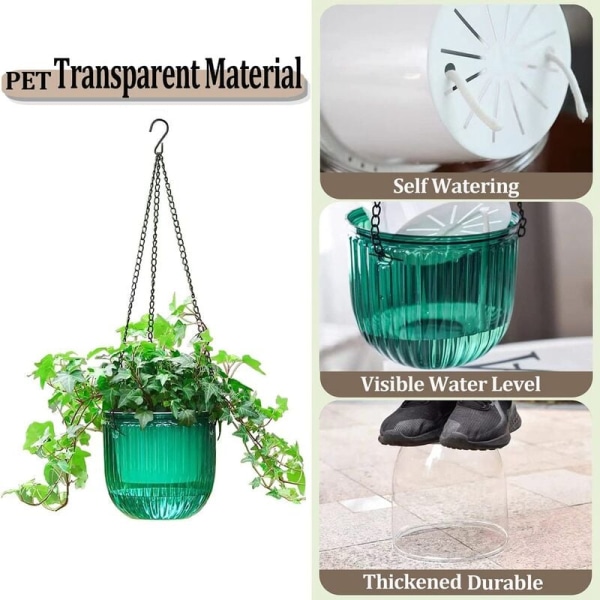 2-pack självvattnande krukor för inomhusbruk, hängande blomkrukor, 6,5 tum utomhus hängande blomkrukor korg (smaragdgrön)