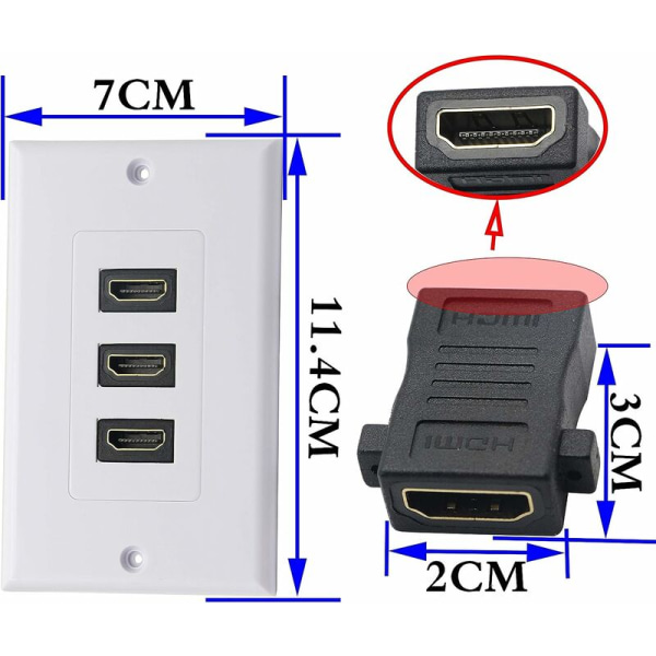 3 Port HDMI 2.0 Veggplate HDMI Komponent Kompositt Komponent Lyd Veggmontert Sokkel, Støtte 4K 60Hz 1080P Perfekt for Projektor og Hjemmekino