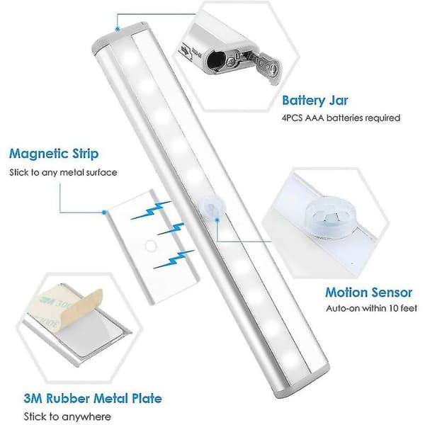 3-pak USB-oppladbart oppgradert 10 LED magnetisk bevegelsessensorlys