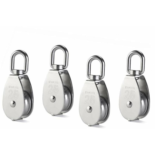 4Pcs M25 Single Pulley Block, 304 Stainless Steel Pulley Roller, Crane Swivel Hook Smooth Wire Rope Cable Loading 331Lbs/150Kg