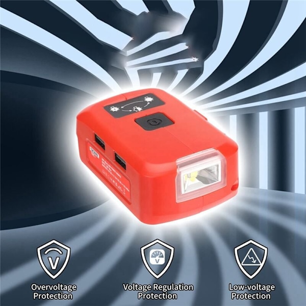 Akkuadapteri V20-akulle, USB-laturi, LED-työvalo, jossa kaksois-USB-laturi ja 12 V:n portti