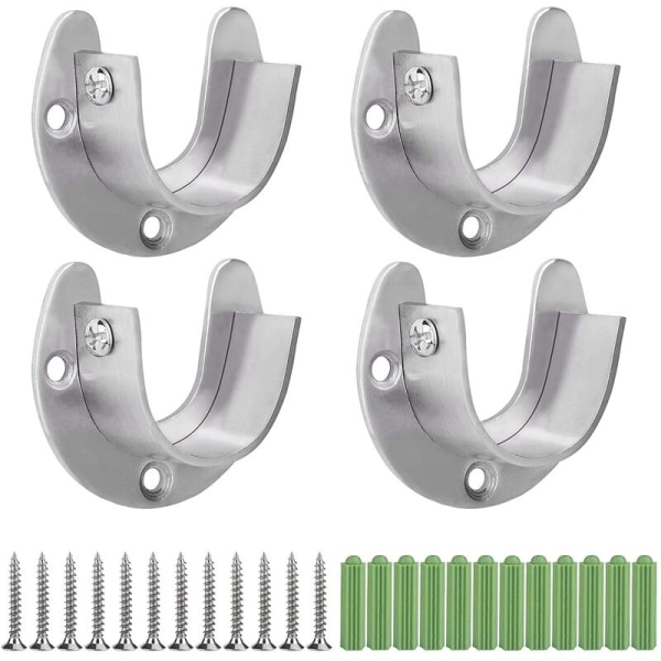 4 Pieces Stainless Steel Hanger Rod Bracket U-shaped Curtain Rod Bracket, Heavy Duty Round Tube Sockets with Screws (25mm)