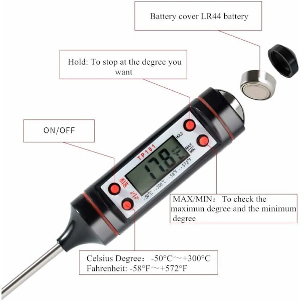 Termometer, Universal Hushålls- och Kökstermometer, Digital Matlagningstermometer, Kötttermometer, 50 ° C - 300 ° C, ° C / ° F Växlingsbar, med Pr