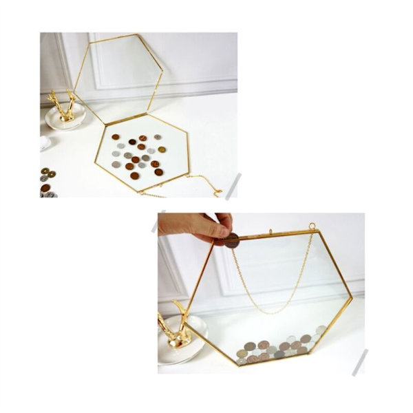 Hexagonal spargris för myntförvaring, klar glasfotoram, väggdekor, retro myntfotoram