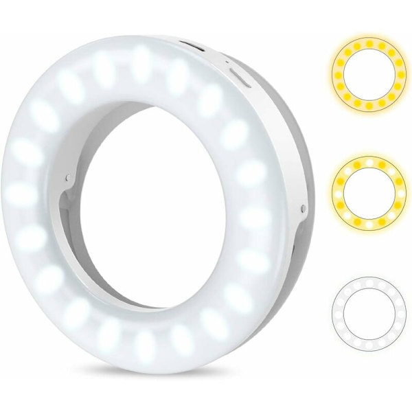 Selfie Ringlys, Klips-på Fyldlys [3 Farvetilstande], USB Genopladelig 200mAh Kamera Lys, Spotlight Flash Supplerende Lys til Makeup Vlog, Ca