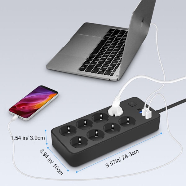 Euro-pistokkeellinen jatkojohto, 8 pistorasiaa, mukaan lukien USB-portti, älykäs pistorasia, kotitoimiston virtajohto ja liukuva jatkojohto
