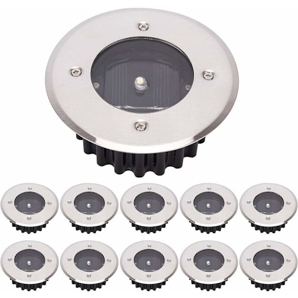 LED Solcelle Jordlampe 10 Pak, Udendørslys, Gadelys, Nedgravet Lys, Vandafvisende IP65 (Kold Hvid, Rund) [Energiklasse A+]
