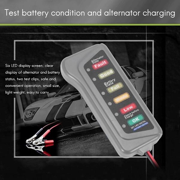 12V bilbatteri- og alternatortester - og alternatortest for opladning af batteri (LED-indikation)