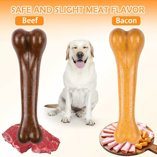 Oändligt hållbar hundleksak, tuggben för hundar, hundleksaker med lätt kött- och baconarom för stora och medelstora hundar, tandvård, tandborstning, 2-pack, gul+
