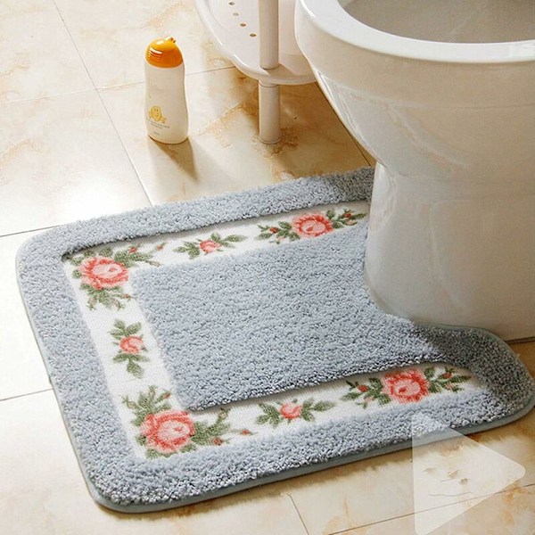 Luksuriøs Blød Blomster Non-Slip Toilet Kontur Måtte, Badeværelsesmåtte, Blød Plys U-Formet Toilet Gulvmåtte til Badeværelse 20x20 Tommer, Blå