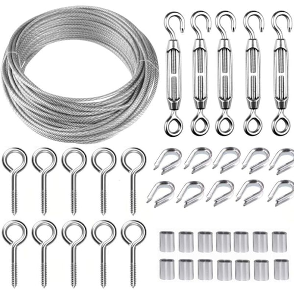 30M rostfritt stål hängande repkit, vajerkitsats, 2mm belagd rostfritt stålrep, med M5 kabelspännare och öglekrokar, för klätterväxter, Ra