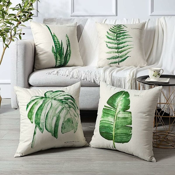 Utomhuskuddfodral, 4-pack Vattentätt Grönt Löv Mönster Soffa Kuddfodral för Patio Trädgård Vardagsrum Sovrum Dekoration, 45x45cm -A