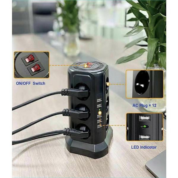 Strømbryter og overspenningsvern - Elektrisk strømbryter med 5 USB-porter og 12 stikkontakter, 3 brytere - Svart farge.