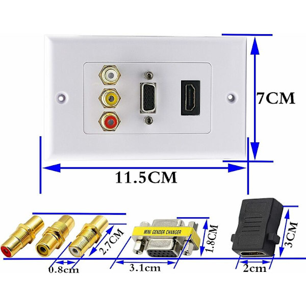 3RCA + HDMI + VGA seinäteline HDMI-komponentti komposiittiääni-video laturipistorasia seinävirtapistorasia pidike etulevy paneeli kansi valkoinen (3RCA & HDMI