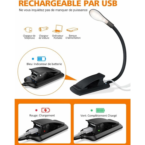 Lukuvalaisin, 7 LED USB-ladattava klipsi-kirjavalaisin 9 valaistustilalla (3 väriä: lämmin, kylmä ja luonnollinen), 360° joustava kaulan lukulampun valaisin
