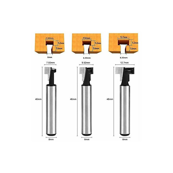 3PCS T-spårfräs, T-spårfräs Formfräsar, 3 st (7,93/9,52/12,7 mm) Fräsverktygsskaft med blad Träbearbetningsfräsar för Power T