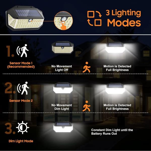 266 LED solcellelamper til udendørs brug, 3 tilstande solcellelamper til udendørs brug, solcellelamper til udendørs brug, 220° & IP65 solcellelamper til udendørs brug med bevægelsessensor [2 stk.]