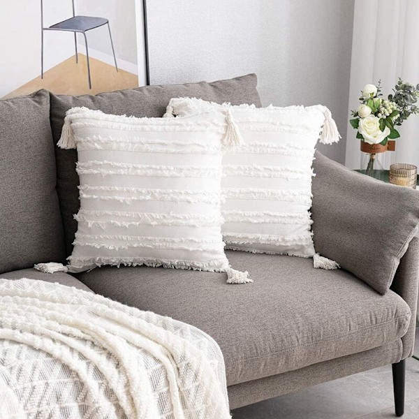 Kuddöverdrag 18X18 tum: Set med 2 Boho randiga bomullsfodral med vita tofsar