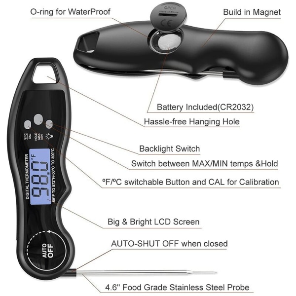 Digitalt kjøtttermometer, øyeblikkelig avlesning digitalt termometer for godteri, grill, kjøkken, baking, matlagingstermometer