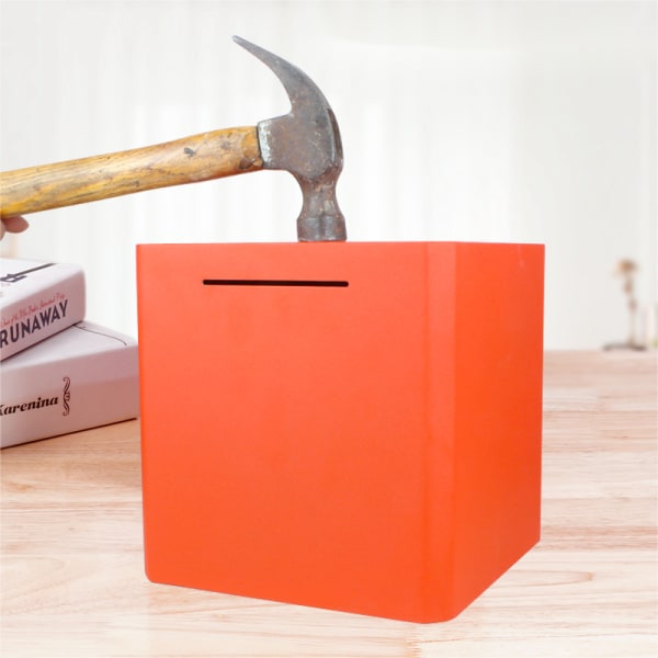 Spargris, måste brytas för att öppna riktiga pengar, oförstörbar metallspargris för kontantbesparingar (12*12*12cm, orange)