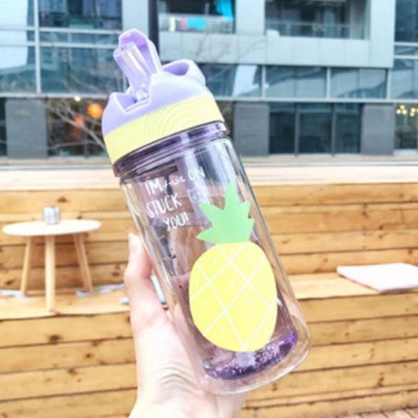500 ml bärbar glasflaska med sugrör läckagesäker söta sportflaskor för barn (ananas)