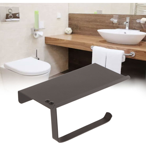 Rustfrit Toiletpapirholder i Rustfrit Stål til Hjemmet og Badeværelset - Dobbelt Brug - Ingen Perforering - K6 Sort
