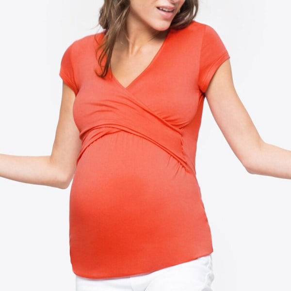 Maternity T-shirt Ammande Gravida Toppar V-ringning Korta Ärmar Kors Solid Graviditet Amning Tröjor Orange XXL
