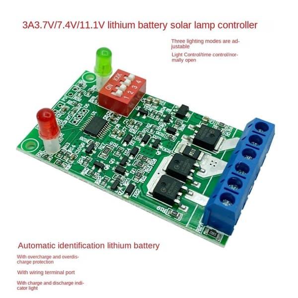 Solcellelampe-kontrollermodul 3A 3.7V 7.4V 11.1V litiumbatteri solcellekontroller lyskretskort kontrollermodul