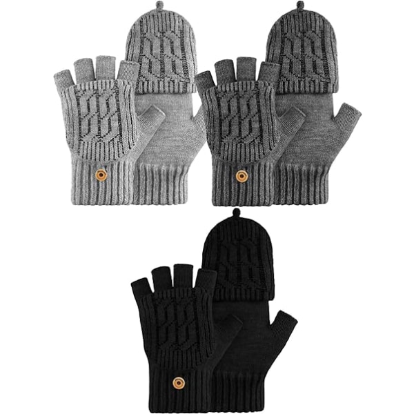 3 par vinterstrikkede fingerløse handsker Varm strik Flip Cabriolet vanter Flap Cover Handsker til kvinder Mænd Strikkede handsker
