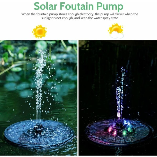 Solcelledrevet springvandspumpe flydende med LED flydende med 6 springvandsstil vandpumpe 4 i 1 flydende fritstående til fuglebad, akvarium, dam, have