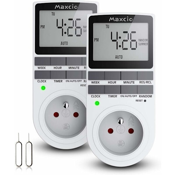 Digitale Programmerbare Stikkontakter (Pakke med 2) med Daglig/Ugentlig Digital Timer, LCD-Skærm, Tyverisikring Tilfældig Tilstand, Energibesparende, 16A/3680W Max-