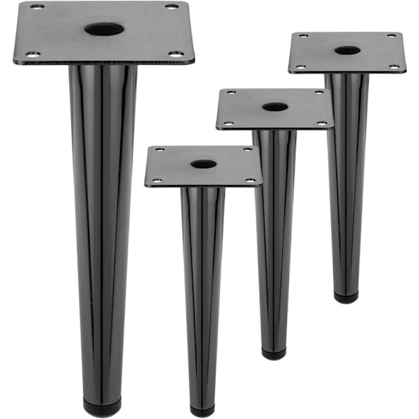 Sæt med 4 lige møbelben med konisk form og skridsikker beskyttelse, 20 cm, metal sort farve.