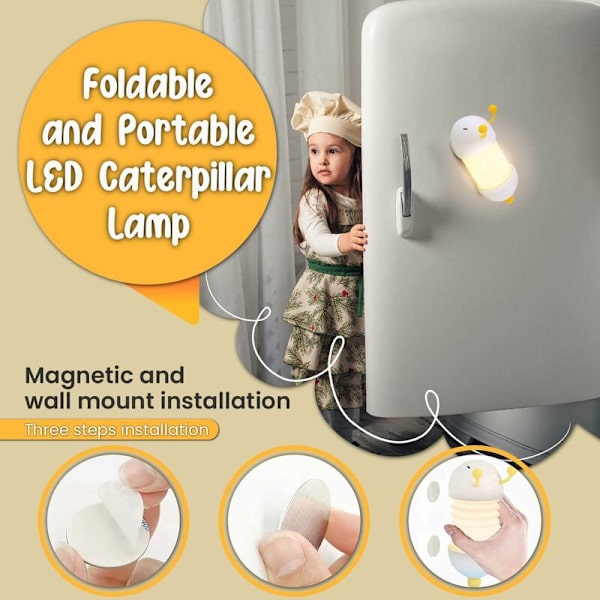 Børnenatlys, LED larvenatlampe til børn, foldbar og justerbar, bærbar natlampe, USB-oplader, magneter inkluderet, unisex - 30,0